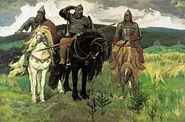 Aliocha Popovitch, Dobrynya Nikititch et Ilia Mouromets sont représentés ensemble dans le célèbre tableau de Viktor Vasnetsov, Les Bogatyrs (1898).