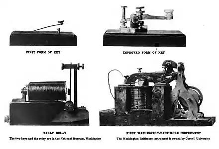 À gauche, les premiers prototypes de manipulateur et de récepteur ; à droite le manipulateur et le récepteur de 1844 à Baltimore.