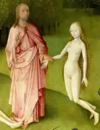 Gros plan sur les deux personnages de Jésus et Ève dont la pose est quasi identique à cette sur le tableau de Van Eyck.