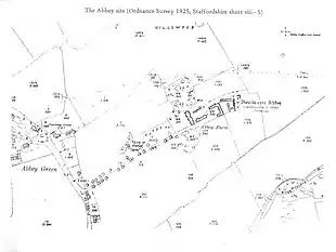 Plan en anglais, de type cadastral, montrant des bâtiments ou anciens bâtiments situéa parallèlement à une rivière.