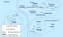Carte de la Polynésie montrant deux groupes d'îles : au nord, le groupe polynésien nucléaire (Wallis, Futuna, Samoa, Niuafo'ou, Niuatoputapu) et au sud le groupe tongique (Tonga, Niue)