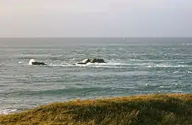 Pointe de Jardeheu : les rochers des Torrettes et la bouée de la basse Bréfort dans les courants du raz Blanchard.