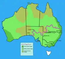 Carte de l'Australie de l'hybridation des dingos et du tracé de la barrière censée les arrêter.