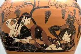 Dionysos et Ariane sous une vigne, amphore à col attique à figures noires, v. 520 av. notre ère (Vulci).