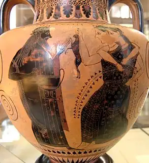 Dionysos et deux ménades. Par le potier athénien Amasis. 550–530 av. J.-C.
