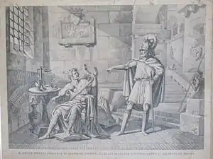 Gravure en noir et blanc montrant Gautier assis arrachant ses bandages sous les yeux d'un homme debout le désignant de la main droite