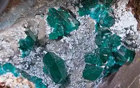 Dioptase sur chrysocolle - Tsumeb, Namibie (xx1cm)