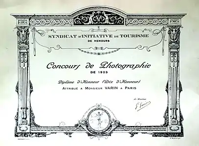 Diplôme du Syndicat d'initiative de Nemours (1923). Document non sourcé.