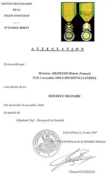 Diplôme de la médaille militaire