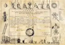 Ancien diplôme sur papier sur lequel est déposé un sceau et qui est entouré de figure humaine et d'objets