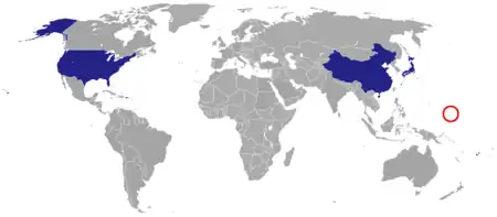 Carte du monde avec en bleu foncé les pays ayant une ambassade des États fédérés de Micronésie.