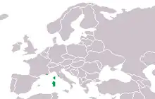 Carte de répartition de l'espèce montrant l'Europe et les sites occupés en vert (Sardaigne, Corse et quelques îlots épars).