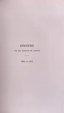 Page de titre du Discours sur les passions de l'amour dans l'édition des œuvres complètes de Blaise Pascal par Armand-Prosper Faugère, parue en 1844.