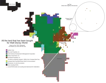 Carte des terrains achetés par Disney, Celebration est en gris.