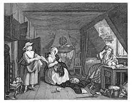 pièce mansardée, poète assis à la table, à gauche, femme négociant avec visiteur, sans doute un créditeur. Image en noir et blanc