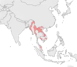 Carte des zones de présence confirmée de la Panthère nébuleuse sur la péninsule indochinoise en 2009. Parmi les 15 zones mentionnées, les plus grandes se situent au Myanmar et au Laos.