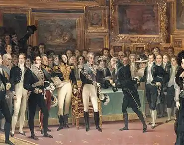 Ronjat, d'après François Joseph Heim, Distribution des récompenses aux artistes à la fin du Salon de 1824, le 15 janvier 1825 : Charles X remet l'ordre de Saint-Michel à Cartellier, 1892, Versailles.