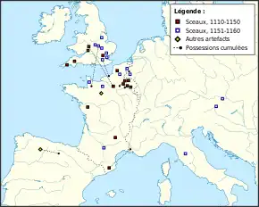 Carte représentant la distribution géographique des premiers emblèmes armoriés attestés en Europe occidentale