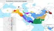 Aire de diffusion de l'ossète au sein des langues iraniennes.