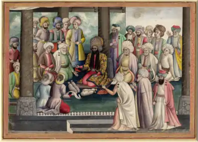 Distribution de cadeaux du shah sultan Husayn pour la nouvelle année, vers 1720-1721. British Museum, département du Moyen-Orient.