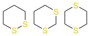 From left to right: 1,2-dithiane 1,3-dithiane and 1,4-dithiane