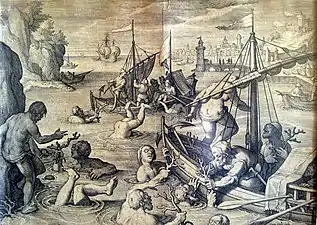 Philippe Galle, La Pêche au corail, gravure d'après Jan van der Straet (XVIIe siècle).