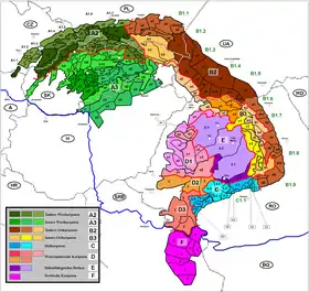 Carte des subdivisions des Carpates avec les monts Hășmaș en B3b5.