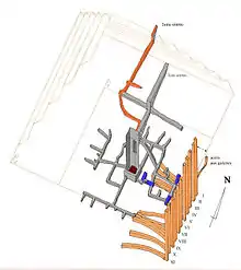 Vue axonométrique des infrastructures (en orange, accès et galerie d'époque tardive)