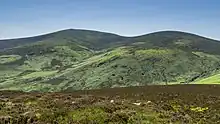 Photographie couleur du Djouce, pointu, et de War Hill, arrondie, derrière un paysage de landes