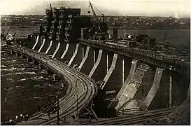 Dnieprostroï, le barrage en construction, vers 1930.