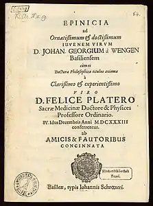 Document attestant que Johann Georg à Wengen fut reçu docteur en philosophie, à l’âge de 21 ans, par le célèbre Félix Platter.