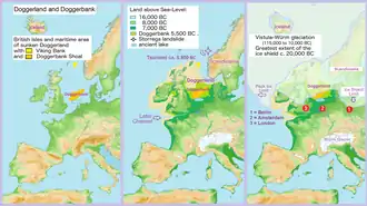 Carte montrant l'étendue hypothétique du Doggerland à différentes périodes