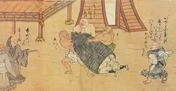 Rouleau 2 : le jeune moine se cache sous une cloche du Dōjō-ji pour échapper à la fille-serpent.