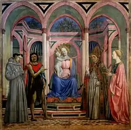 La Madone sous des colonnades roses entouré de quatre personnages