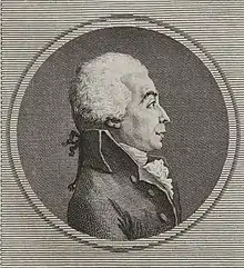 Gravure représentant le profil droit d’un homme aux cheveux blancs bouclés.