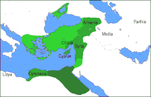 Carte de la Méditerranée orientale des territoires concernés : Libye orientale, Chypre, Syrie, Cilicie et Arménie.
