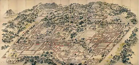 Les palais de l'Est, Donggwol-do. 1828-30. Paravent à 16 feuilles, couleurs sur soie, 274 x 578,2 cm. Musée de l'université Dong-A, Busan.
