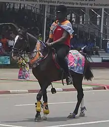 Dans la rue, un cavalier africain portant un casque défile sur un cheval noir.