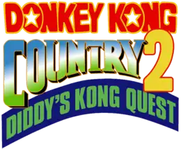Donkey Kong Country 2: Diddy's Kong Quest est inscrit sur trois ligne, en rouge, en bleu et vert et jaune, et en bleu.