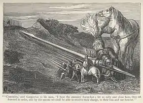 Gravure représentant des chevaliers en arme en attente de l'ennemi sur la colline face à eux; à leur côté, un génat en armure et sur sa droite une jument gigantesque.