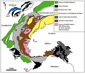 Carte géologique simplifiée des Alpes occidentales avec en rose les massifs cristallins internes du mont Rose (MR), du Grand Paradis (GP) et de Dora Maira (DM).