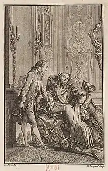 Dorat (debout), Mme Masson mère (assise) est ses enfants (Pezay et marquise de Cassini) à genoux.