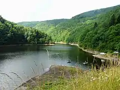 Le lac de Bort-les-Orgues au pont d'Arpiat entre Larodde à gauche et Confolent-Port-Dieu à droite.