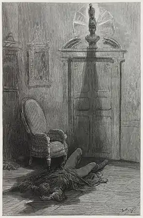 « Et mon âme, hors du cercle de cette ombre qui gît flottante sur le plancher, ne pourra plus s’élever, — jamais plus ! », illustré par Gustave Doré (1884)