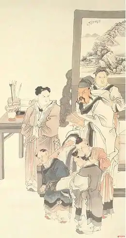Ren Xun. Dou Yanshan enseignant ses fils. Rouleau vertical, encre et couleurs sur papier