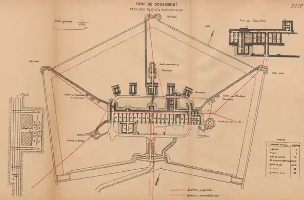 Plan du fort en noir, avec en rouge le tracé des galeries souterraines (appelées les « travaux de 17 »).