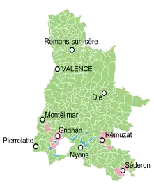 Provinces et États existant avant 1790 (vert : Dauphiné, rose : Provence, bleu : Comtat Venaissin).