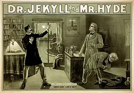 dessin en noir et blanc titré Docteur Jekyll et mister Hyde, représentant un homme épouvanté devant un autre individu qui se transforme en monstre.