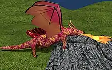 Photo d'un dragon violet crachant du feu, dans une prairie