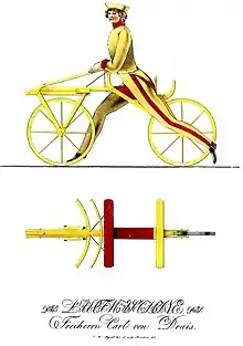 La première bicyclette au monde, construite à Mannheim par Karl Freiherr von Drais en 1817.
